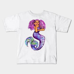 mermaid with pink hair, green eyes and caramel brown skin #002. Black mermaid Kids T-Shirt